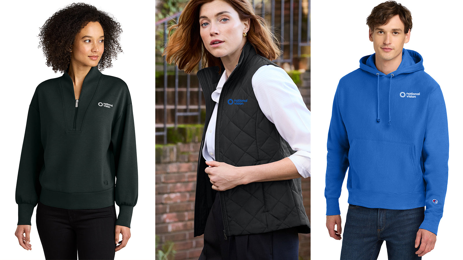Three people wearing branded clothing: a black pullover, a black vest over a white shirt, and a blue hoodie.